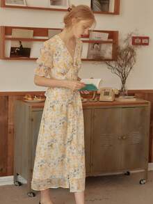 Simple Retro Women Kora Floral Printed Dress - Yellow - View 4