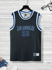 Manfinity Homme Men's Striped Graphic Sleeveless Basketball Jersey Athletic Top With Letter And Number Print, For Going Out, Friends - Black - View 3