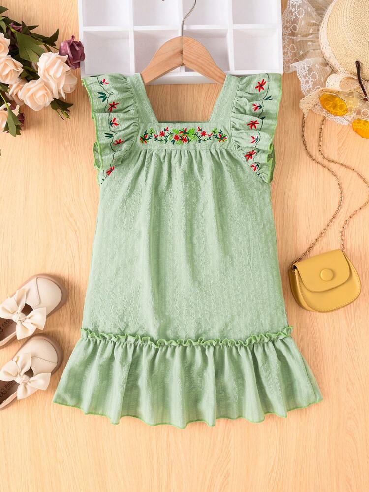 Toddler Girls' Floral Embroidery Dress With Ruffle Hemline Decoration