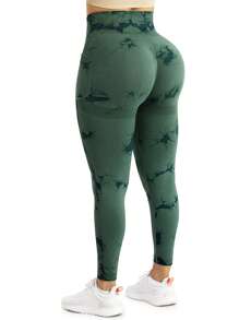 Easithlete Kích thước lớn Của phụ nữ Liền mạch Nhuộm buộc Quần Xà cạp thể thao Với Túi - màu xanh lá - Xem 3