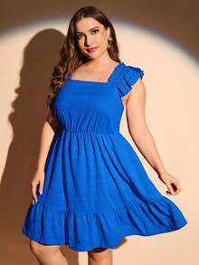 SHEIN LUNE Plus Size Solid Color Square Neckline Ruffled Hem Dress - Royal Blue - View 6