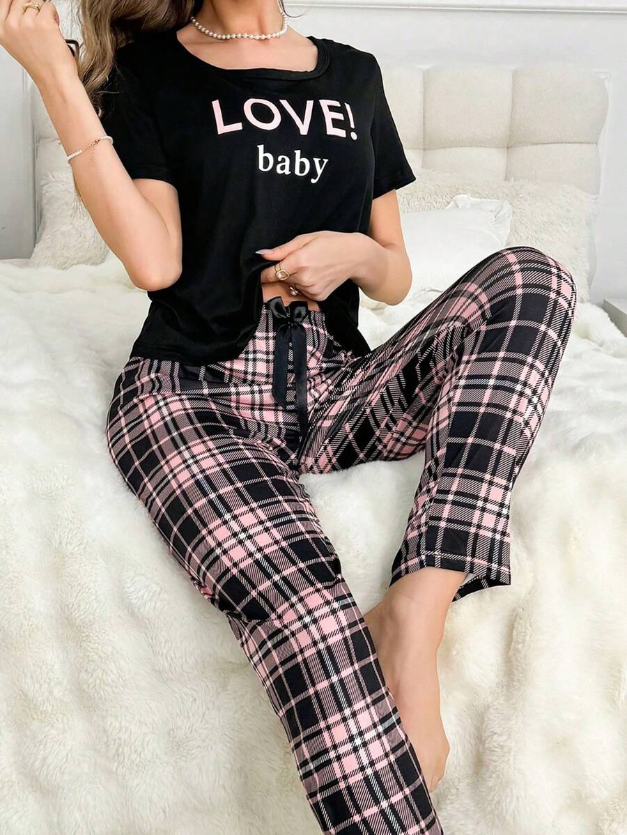 Text Print Casual Short Sleeve Tee And Pants Pajama Set - Black - View 1