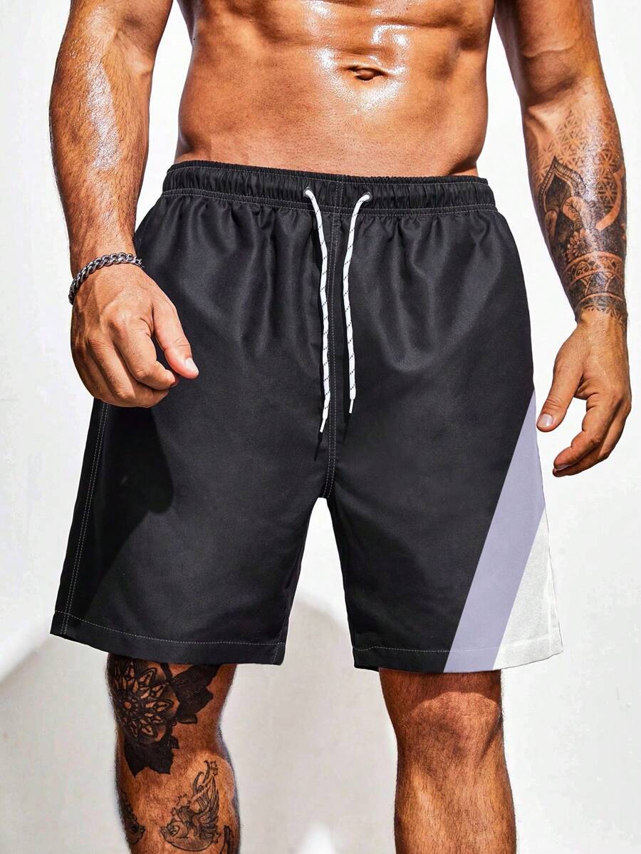Manfinity Swimmode Men's Plus Size Drawstring Waist Color Block Beach Shorts - Multicolor - View 1