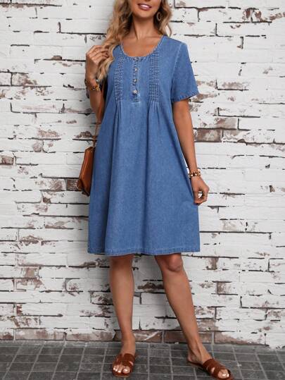 EMERY ROSE Women's Button Front Short Sleeve Denim Dress