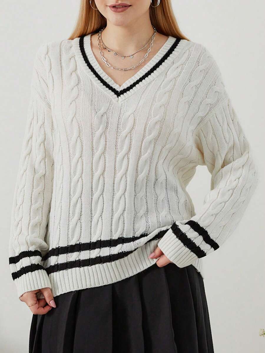 RueChic Suéter De Talla Grande Con Diseño De Rayas, Cuello En V Y Mangas Largas