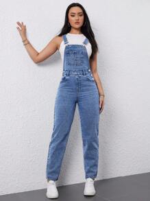 Flexra Ladies Solid Color Pocket Denim Overalls Jumpsuit - Medium Wash - View 1