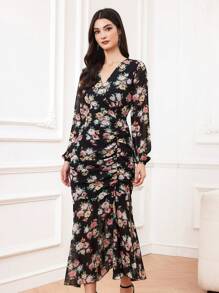 Modelyn Women's Floral Printed Lantern Sleeve Dress