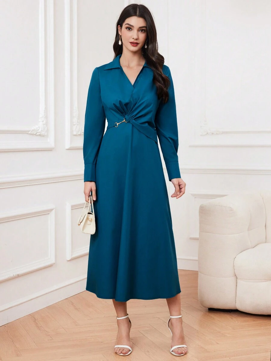 Modelyn Women's Long Sleeve V-Neck Dress Long Evening Dresses - Teal Blue - View 1