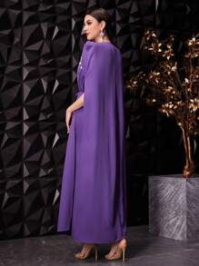 Modelyn Women's Cape Sleeve Dress With Rhinestone Decorations - Purple - View 2