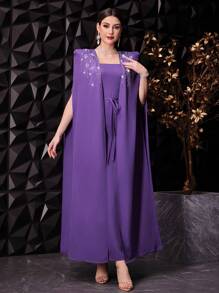 Modelyn Women's Cape Sleeve Dress With Rhinestone Decorations - Purple - View 6