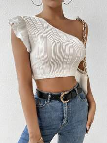 SHEIN Essnce Women's Textured One Shoulder Puff Sleeve Top - White - View 1