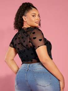 SHEIN CURVE+ Áo croptop cổ tròn xuyên thấu họa tiết trái tim cỡ lớn dành cho nữ - màu đen - Xem 2
