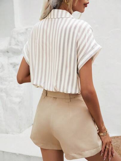 SHEIN Frenchy Batwing Short Sleeve Striped Shirt,Short Sleeve Tops Brown Summer Casual