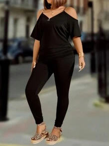 EMERY ROSE 大码纯色露肩上衣和紧身裤两件套 - 黑色 - 查看 3