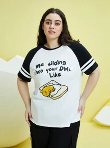 Gudetama X SHEIN Hơn Đồ họa bằng khẩu hiệu và hoạt hình Tương phản Tay Raglan Áo thun - Đen và trắng - Xem 6