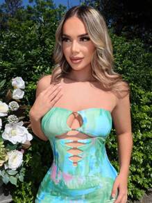 Spring Dress Women's Sexy Printed Off Shoulder Dress With Hollow Out Design, High Slit And Ruffle Hem For Vacation,Sundress - Multicolor - View 4