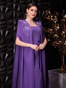 Modelyn Women's Cape Sleeve Dress With Rhinestone Decorations - Purple - View 5
