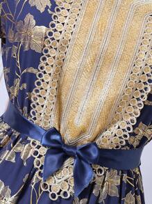 Teen Girl's Dress With Hot Stamped Flower Print And Woven Tape Patchwork