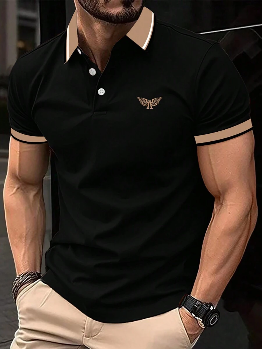 Manfinity Homme Áo sơ mi polo viền tương phản dành cho nam, cổ áo có khối màu đồ họa trơn màu đen thời trang công sở Bố và tôi - màu đen - Xem 1