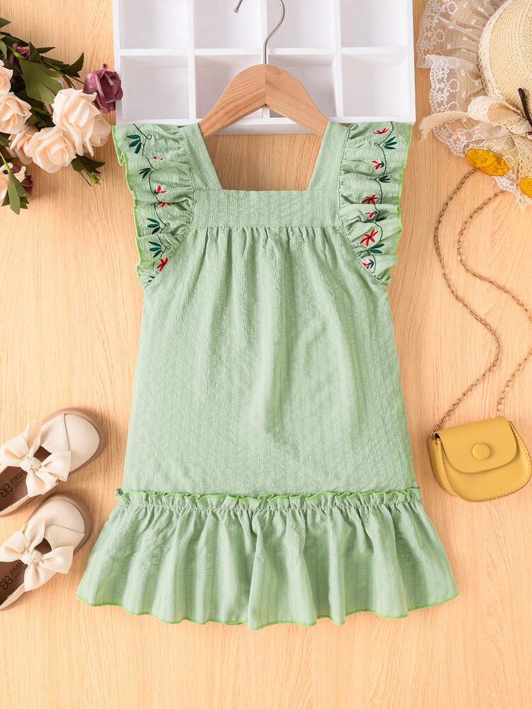 Toddler Girls' Floral Embroidery Dress With Ruffle Hemline Decoration
