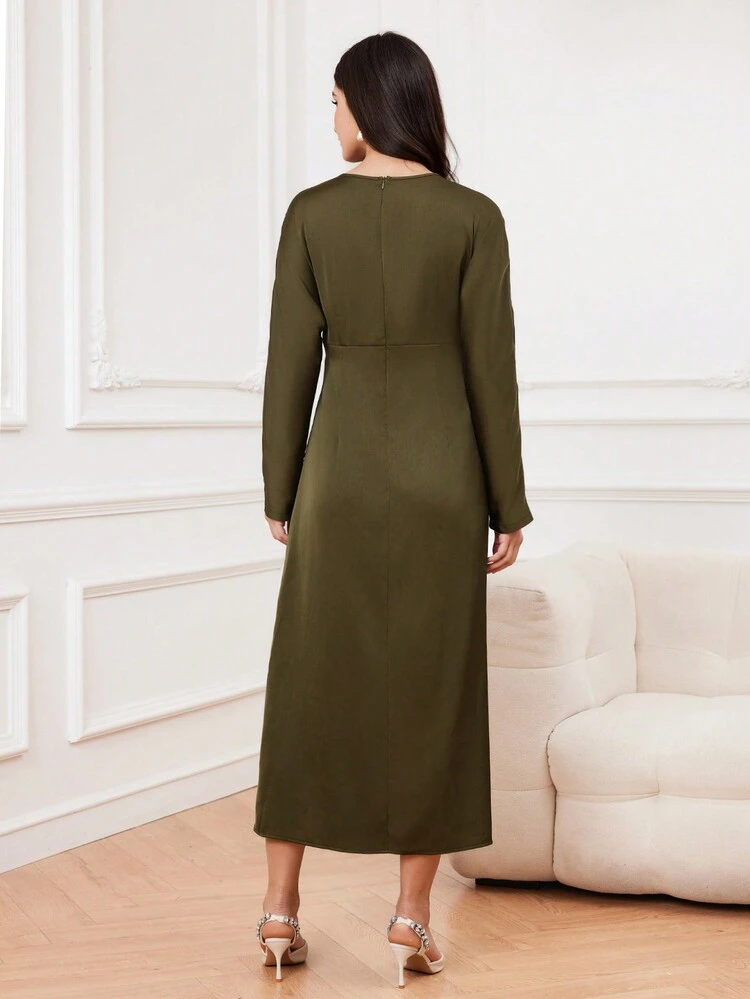 Women's Solid Color Pleated Pearl Studded Batwing Sleeve Dress Long Evening Dresses Fall Cloth For Women