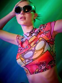 THE POWERPUFF GIRLS X SHEIN Dopamine Y2K Skinny Pop Art Patchwork Cartoon Graphic Mock Neck Crop Top - Multicolor - View 10