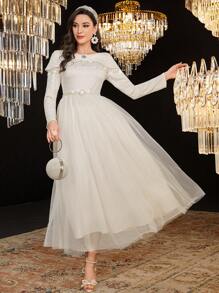 Modelyn Váy thắt eo đính ngọc trai Jacquard dành cho nữ - Màu be - Xem 6