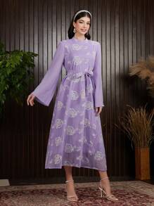 Modelyn 女士全印花喇叭袖长款晚礼服 - 紫色 - 查看 5