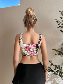Sweetina Women's Color-Block Floral Print Spaghetti Strap Lace Panel Crop Top With Front Knot - Multicolor - View 2