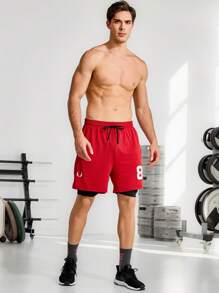 Manfinity Sport Corelite 男士数码印花侧条纹双层运动短裤，带口袋慢跑短裤/运动裤 - 橘色 - 查看 4