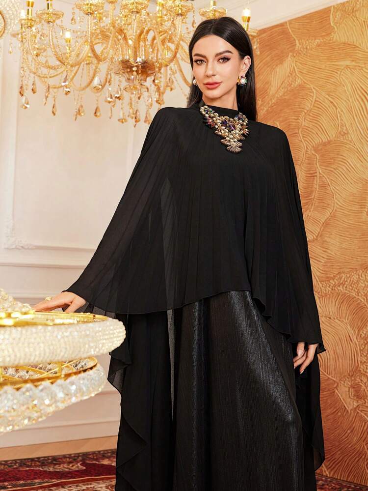Women's Stand Collar Pleated Panel Asymmetric Black Cape Dress For Spring Long Evening Dresses