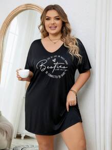 Kích thước lớn Của phụ nữ Giải trí Love Tim In Đồ ngủ Đầm - màu đen - Xem 1