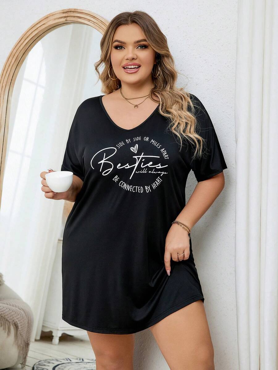 Kích thước lớn Của phụ nữ Giải trí Love Tim In Đồ ngủ Đầm - màu đen - Xem 1