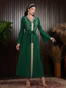 Al Najma Arabic Style Plant Embroidery Patchwork Woven Belt Dress - Green - View 8
