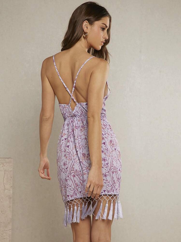 Floral Tassel Fringe Wrap Hem Backless Mini Dress