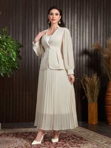 Modelyn 女士單排扣荷葉邊長袖上衣和百褶裙套裝