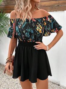 SHEIN LUNE 女士花卉與植物印花拼接露肩連身褲 - 黑色 - 查看 1