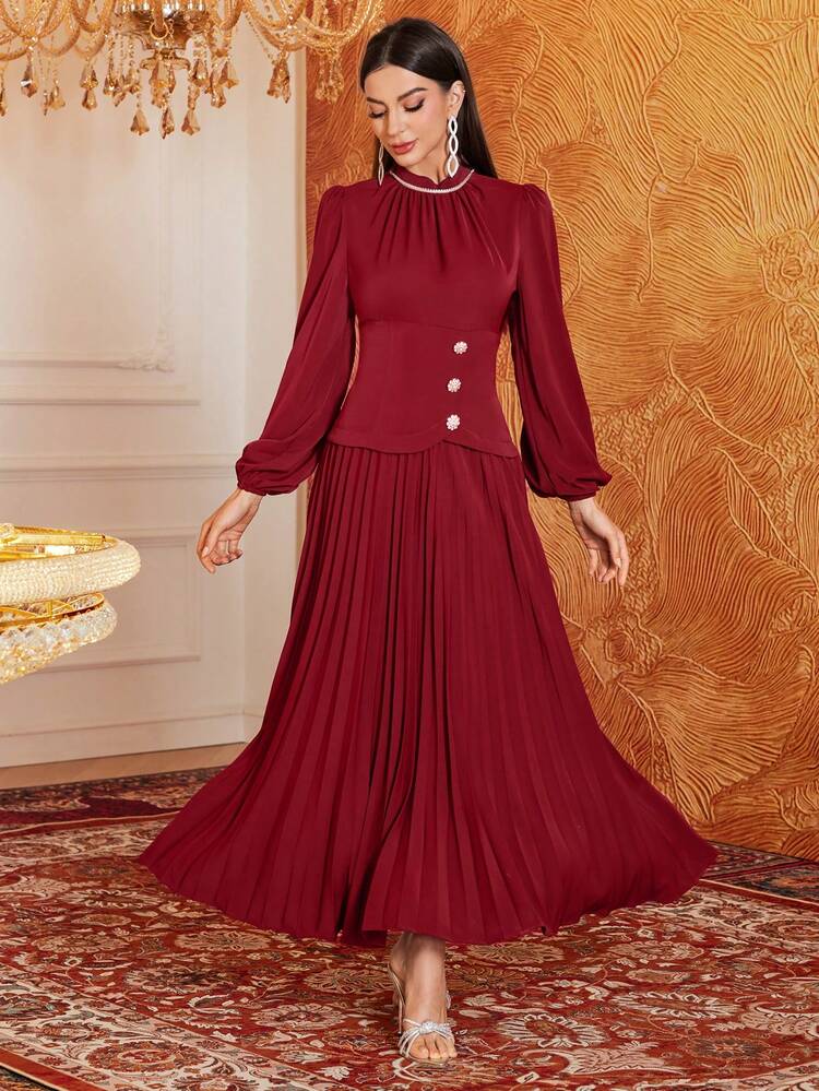 Burgundy Red Women's Arabic Style Stand Collar Lantern Sleeve Dress With Pleated Hem,Elegant Evening Party Dress Long Evening Dresses