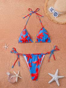 Swim Mod Women's Floral Printed Bikini Set, String Bikini Set Swimwear Bathing Suit Beach Outfit Summer Vacation,Summer Beach - Multicolor - View 1