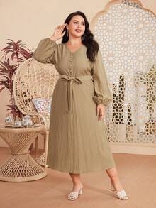 Mulvari Plus Size Solid Color Lantern Sleeve Dress - Khaki - View 2
