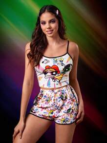 THE POWERPUFF GIRLS X SHEIN Bộ PJ đóng bìa tương phản đồ họa hoạt hình Bộ màu trắng - trắng - Xem 3