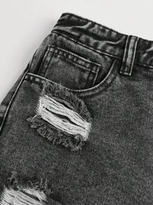 SHEIN Teen Girls' Washed Ripped Distressed Elastic Waist Comfortable Casual Soft Black Denim Shorts For Spring And Summer - Black - View 4