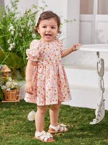 SHEIN Baby Girl Casual Summer Holiday Dress With Floral Print And Bow Tie Short Sleeve