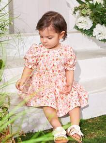 SHEIN Baby Girl Casual Summer Holiday Dress With Floral Print And Bow Tie Short Sleeve