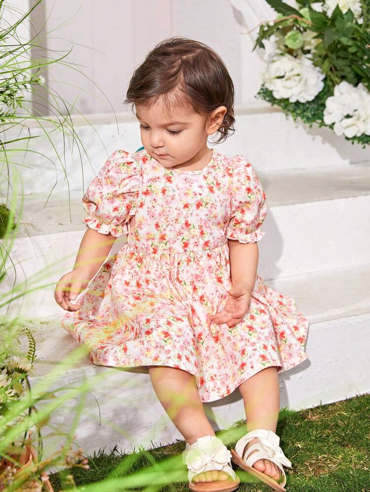 Baby Girl Casual Summer Holiday Dress With Floral Print And Bow Tie Short Sleeve