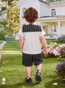 2pcs/Set Baby Boys Striped 2 In 1 Casual Short Sleeve Top And Shorts Outfit For Spring/Summer - Multicolor - View 2