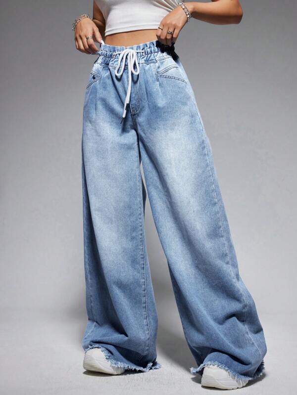 SHEIN EZwear Pantaloni de damă din denim spălat în talie cu șnur