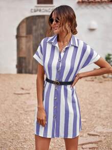 SHEIN Clasi 休閒前紐扣條紋女士連衣裙 - 藍白色 - 查看 1