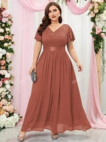MIUSOL Plus Size Contrast Floral Lace Flounce Sleeve Chiffon Formal Evening Party Dress Wedding Guest Dress,Gown