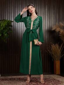 Al Najma Arabic Style Plant Embroidery Patchwork Woven Belt Dress - Green - View 3